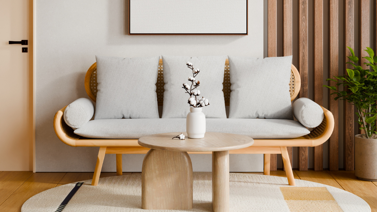 Niska sofa i drewniany stolik kawowy w stylu japandi